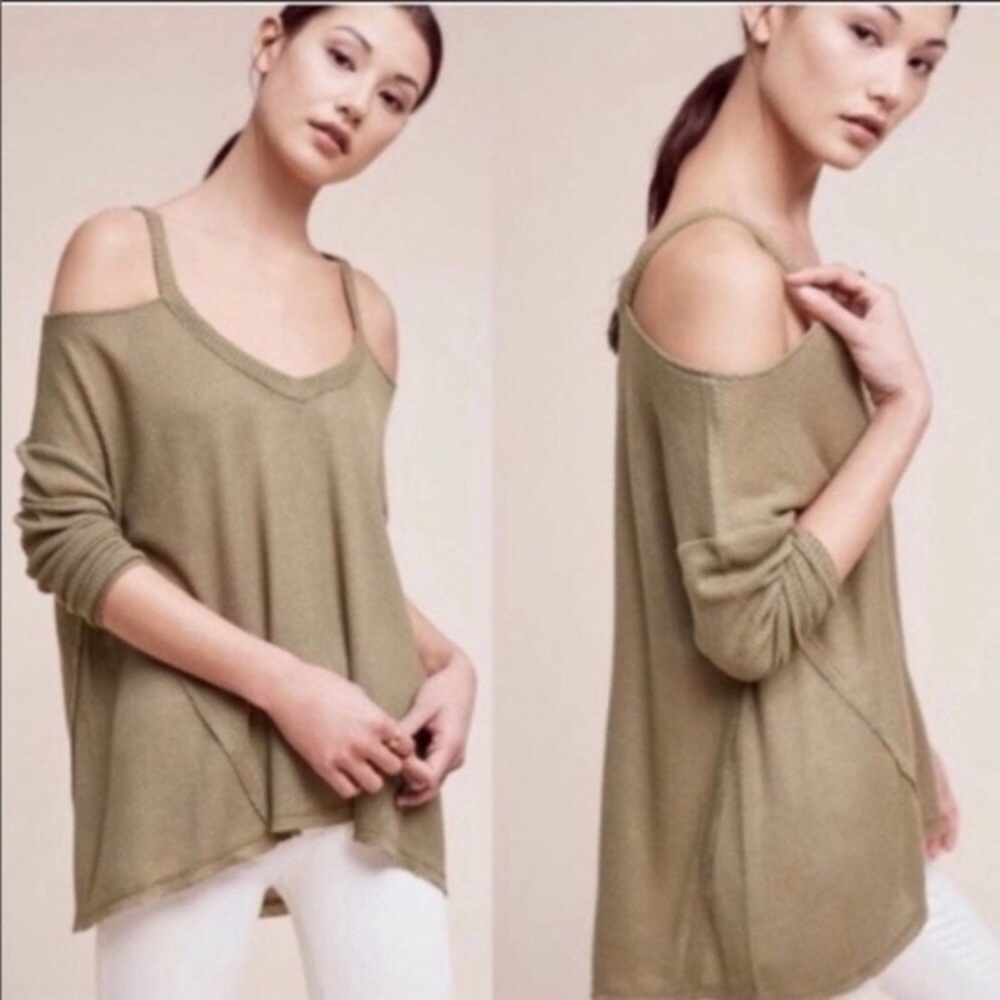 Anthropologie Deletta Green Long Sleeve Cold Shoulder Top Size Small